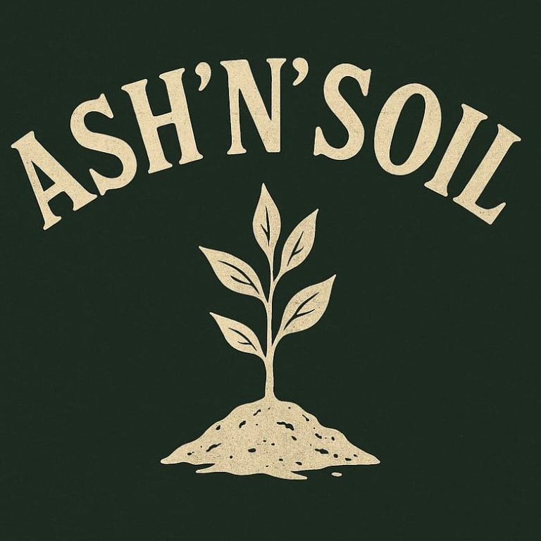 The logo of ash'n'soil: a white plant emerging from a pile of ash, set against a dark green background.